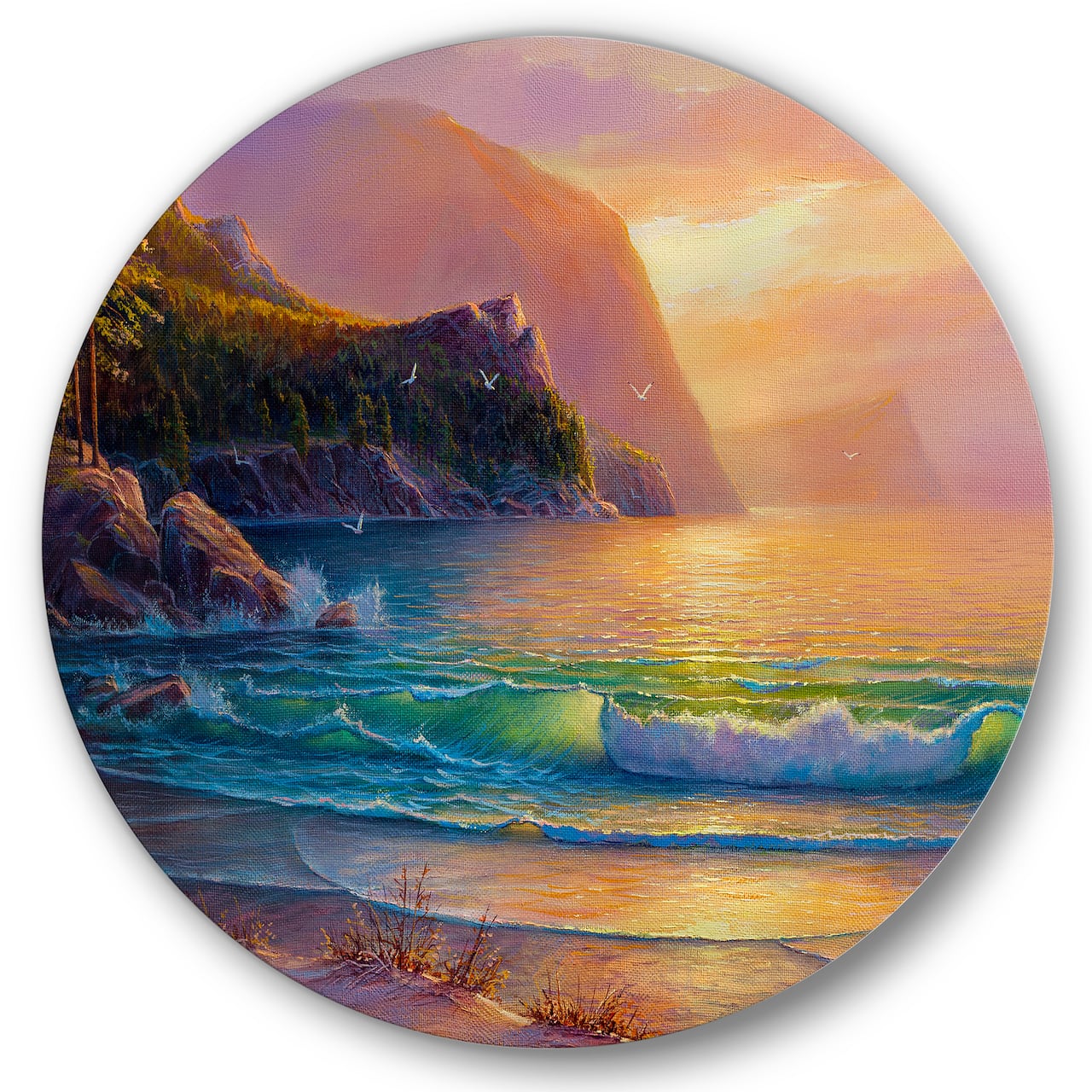 Designart - Romantic Beach During Warm Sunset - Nautical & Coastal Metal Circle Wall Art
